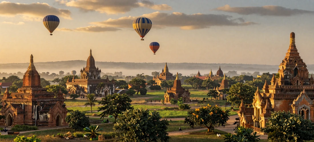 Ancient golden pagodas of Bagan Myanmar scattered across lush green plains at sunrise with hot air balloons