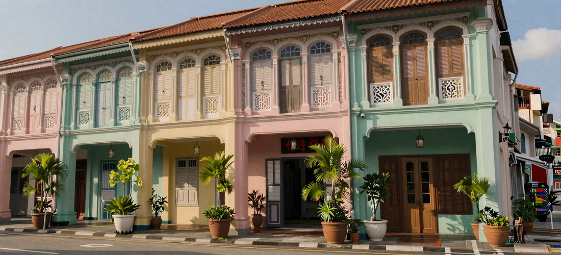 Colorful Peranakan heritage shophouses with ornate pastel facades and intricate tile work on Joo Chiat street in Singapore