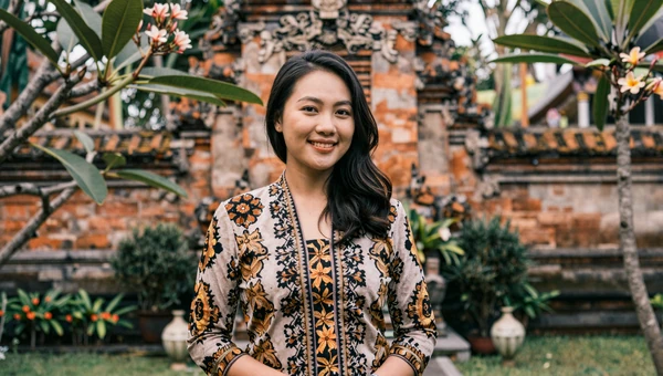 Beautiful Indonesian woman in batik blouse in a tropical garden with Bali temple architecture in background