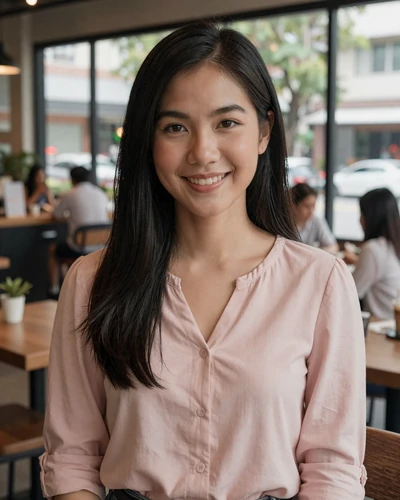 Siriporn, 26, Thai woman from Bangkok with a warm smile in a casual pink blouse