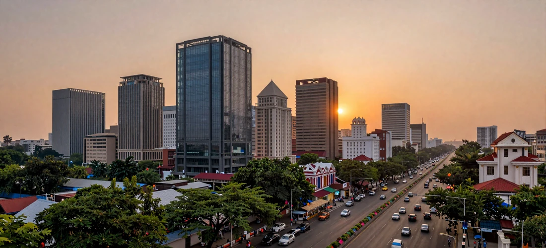 Modern Dhaka city skyline at sunset with contemporary glass buildings and traditional architecture reflecting Bengali urban growth
