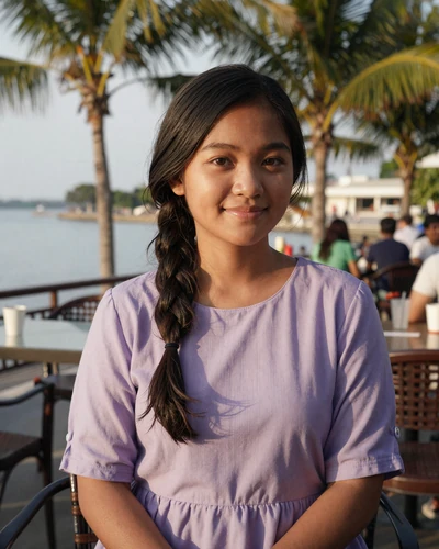 Siti, 24, verified Malaysian woman from Johor Bahru in a lavender dress at a waterfront cafe