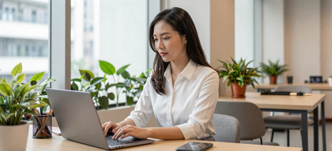 Modern Vietnamese professional woman working at a laptop in a bright co-working space in Ho Chi Minh City