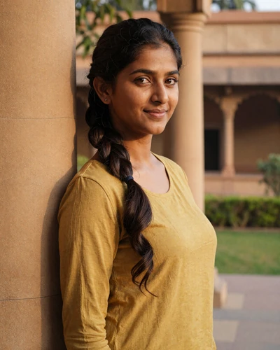 Nisha, 28, Indian woman from Pune in a mustard top leaning against a sandstone column in a garden