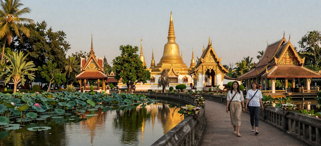 Peaceful Thai Buddhist temple complex with lotus pond and two Thai women walking along stone pathway