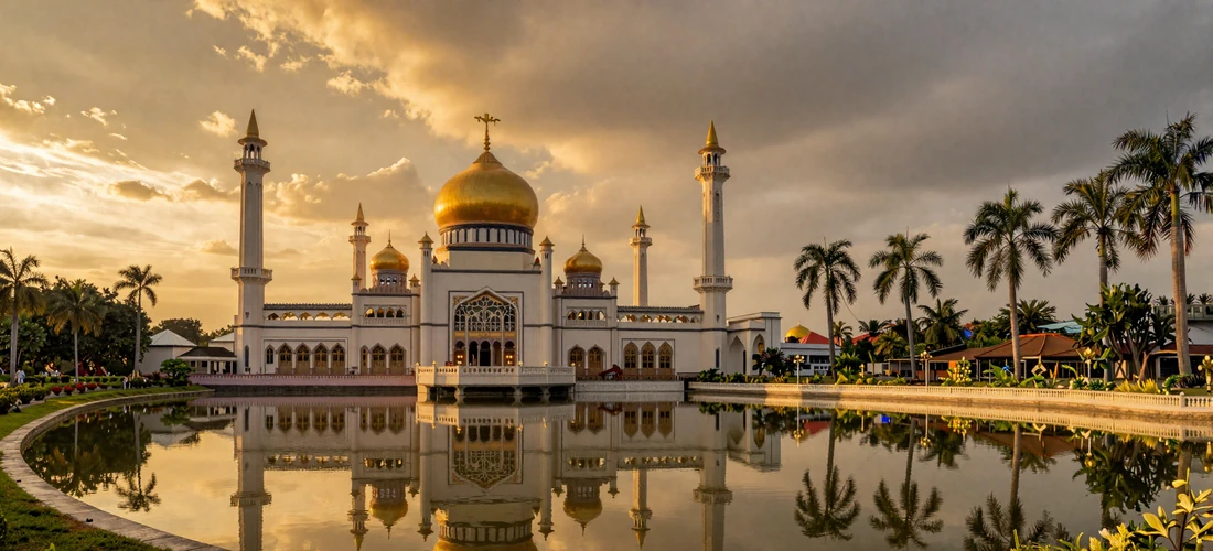 The majestic Sultan Omar Ali Saifuddien Mosque with its golden dome reflected in the ceremonial lagoon at sunset in Bandar Seri Begawan Brunei