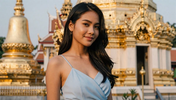 Beautiful Thai woman smiling near a golden temple at sunset in warm light