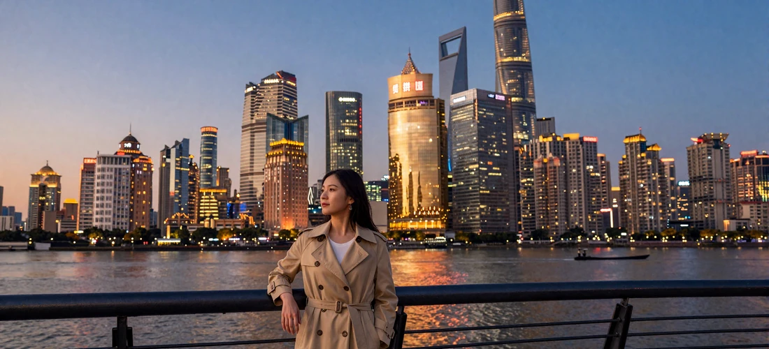 Modern Shanghai skyline at dusk with a Chinese woman gazing at city lights from the Bund waterfront promenade