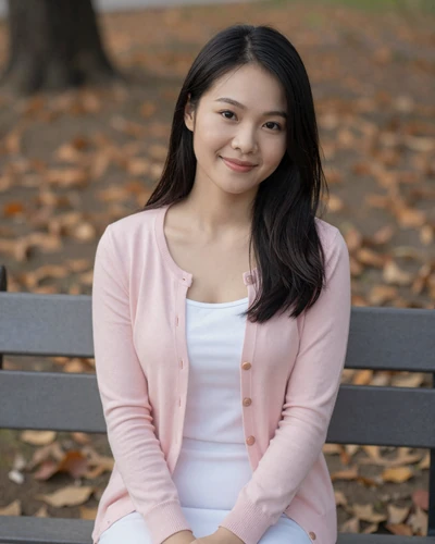 Linh, 26, Vietnamese woman from Hanoi in a pastel pink cardigan sitting in a scenic park