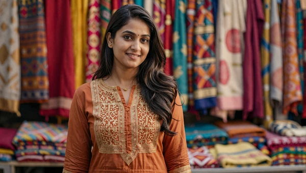 Beautiful Indian woman in saffron kurta at a vibrant market with colorful textiles
