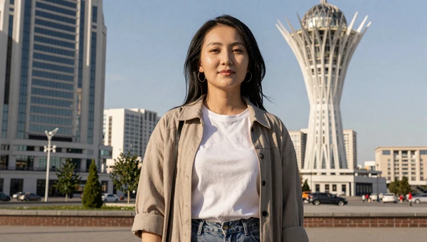 Beautiful Kazakh woman in casual modern outfit against the futuristic architecture of Astana cityscape
