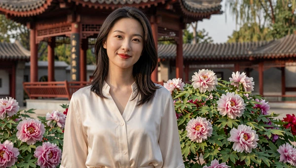Beautiful Chinese woman in ivory blouse standing in a traditional Chinese garden with red pavilion