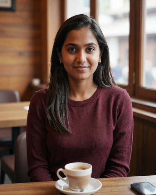 Young Nepali woman enjoying chai in a cozy Kathmandu cafe with warm natural light