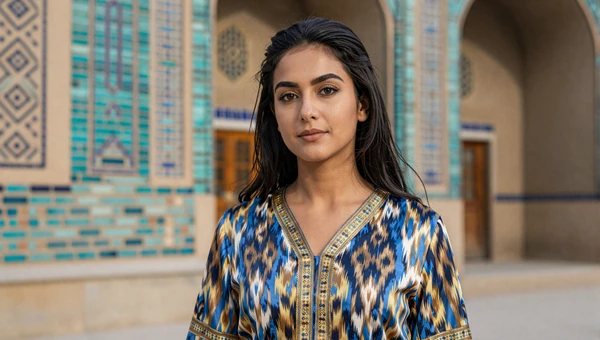 Elegant Uzbek woman in colorful ikat dress near turquoise Silk Road architecture in Samarkand