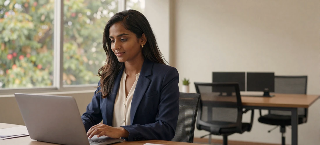 Professional Indian woman working at a laptop in a bright modern office space in Bangalore
