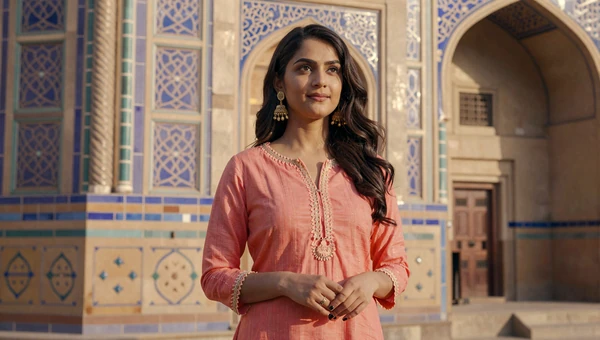 Beautiful Indian woman in coral attire near colorful Mughal architecture at golden hour