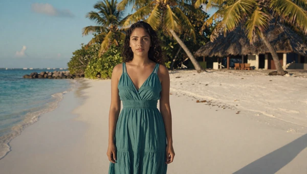 Beautiful Maldivian woman in modest teal dress on a white sand beach with turquoise ocean waters