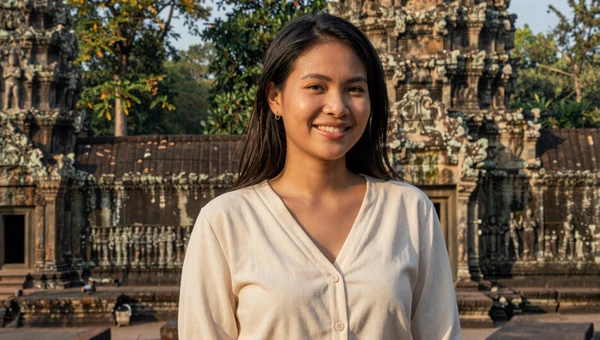 Cambodian woman near ancient Khmer temple ruins at golden hour wearing casual cream blouse