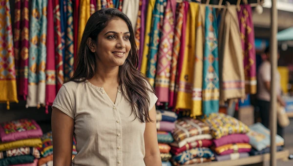 Beautiful Indian woman at a vibrant Mumbai market with colorful textiles and golden light