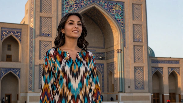 Beautiful Uzbek woman in silk dress near Samarkand's historic Registan Square