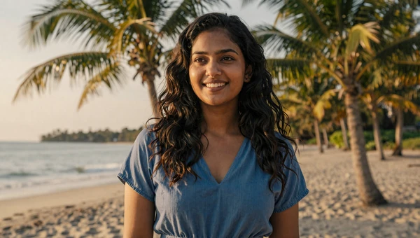 Attractive Sri Lankan woman near tropical beach with palm trees and golden sunset light