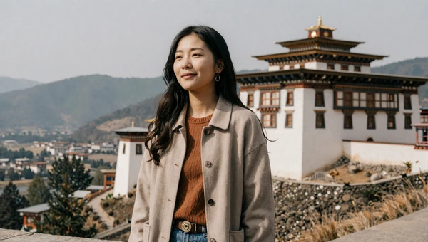 Beautiful Bhutanese woman near a traditional dzong fortress with Himalayan mountains in the background