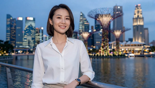 Stylish Singaporean woman on Marina Bay promenade with modern Singapore skyline at twilight