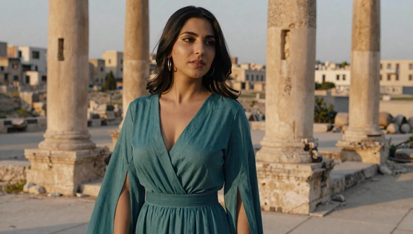 Elegant Jordanian woman near ancient Roman ruins in Amman at golden sunset