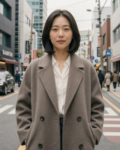 Yuna, 30, Korean woman from Incheon in a taupe coat on a modern urban street