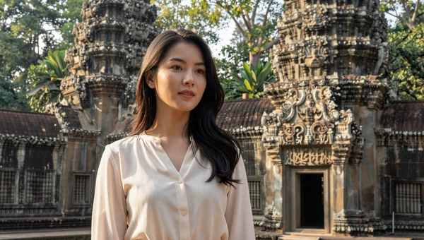 Cambodian woman in a cream blouse near an ancient Khmer temple in Siem Reap