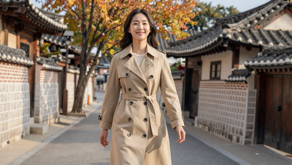 Korean woman in beige trench coat on a tree-lined Seoul street near traditional hanok village
