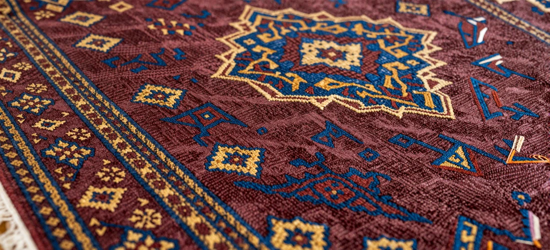 Intricate handwoven Afghan carpet with traditional geometric patterns in rich burgundy, navy, and gold tones showcasing centuries-old Afghan textile artistry