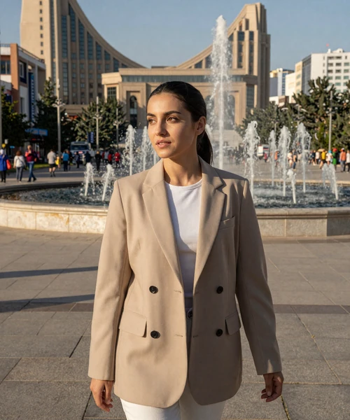 Modern Tajik woman walking along Rudaki Avenue in Dushanbe with contemporary buildings and fountains