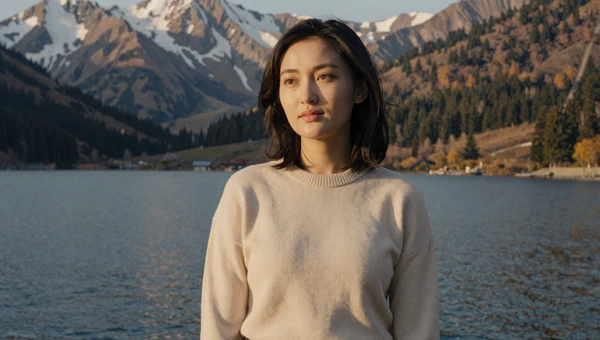 Beautiful Kyrgyz woman near alpine lake with Tian Shan mountains in background