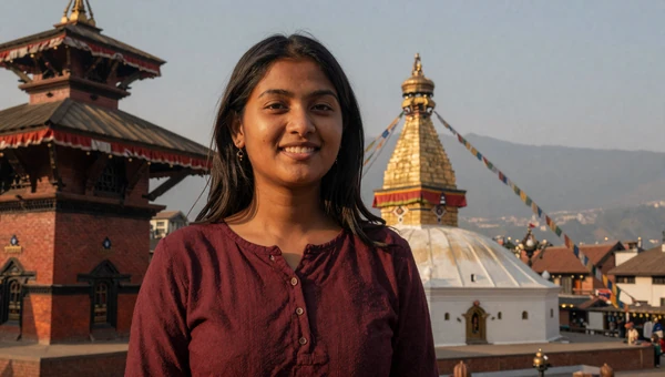 Beautiful Nepali woman near a traditional Kathmandu temple with prayer flags and mountain views
