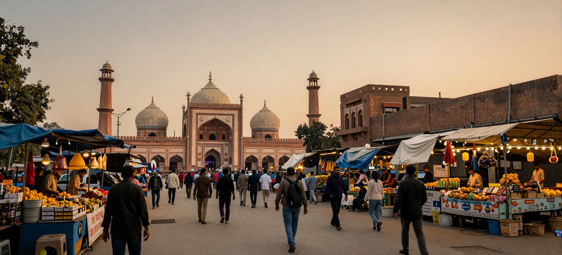 Beautiful view of Lahore street at sunset with Badshahi Mosque and vibrant market culture