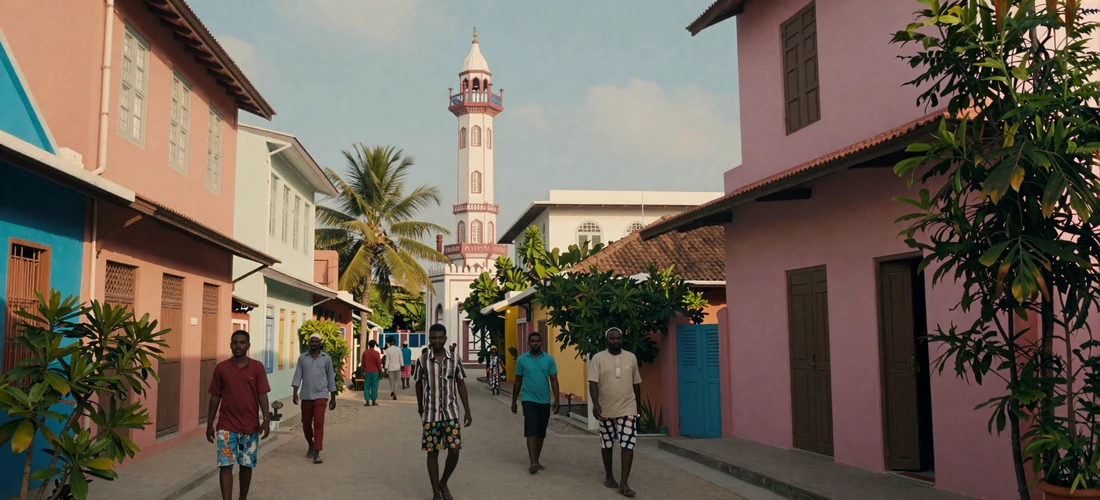 Colorful buildings and coral stone mosque minaret along a street in Malé with tropical greenery and warm afternoon light