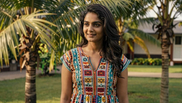 Beautiful Sri Lankan woman in colorful dress in tropical garden setting