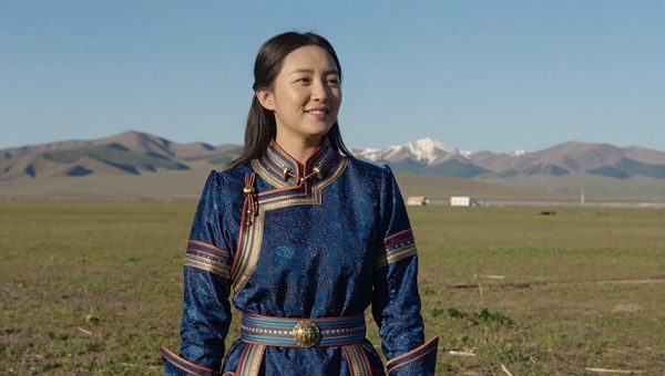 Attractive Mongolian woman in traditional deep blue deel robe on the Mongolian steppe with mountains