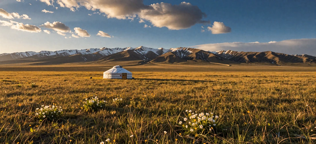 Vast golden Kazakh steppe with a traditional yurt and Tian Shan mountains under golden hour sunlight