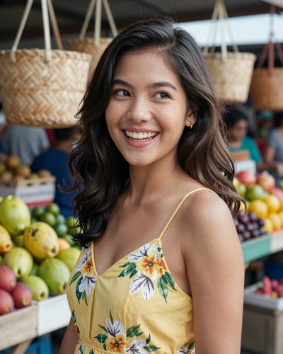 Mika, 24, Filipina woman from Iloilo laughing in a colorful Philippine market wearing a floral sundress
