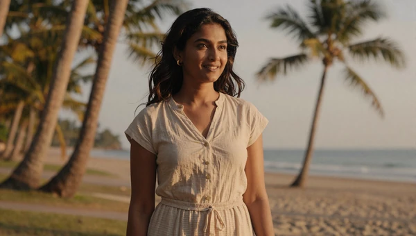 Beautiful Sri Lankan woman near a tropical coastline with palm trees and golden sunset