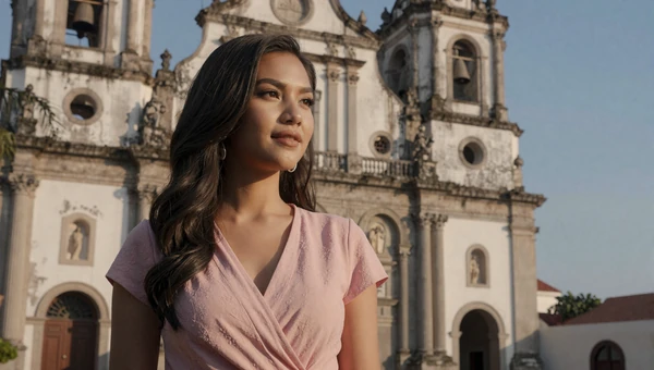 Beautiful Filipina woman in elegant modern dress near a Spanish colonial church in Manila at warm sunset