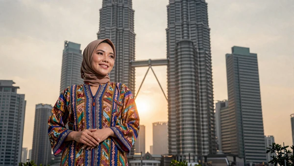 Elegant Malaysian woman in colorful baju kurung near Petronas Twin Towers in Kuala Lumpur at golden hour