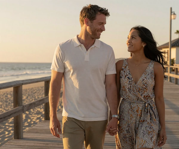 Ryan and Camille, featured success story couple on a sunset boardwalk