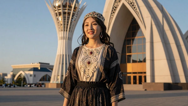 Beautiful Kazakh woman in modern attire near Astana architecture at golden hour