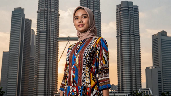 Beautiful Malaysian woman in colorful batik baju kurung near the Petronas Towers at golden hour in Kuala Lumpur