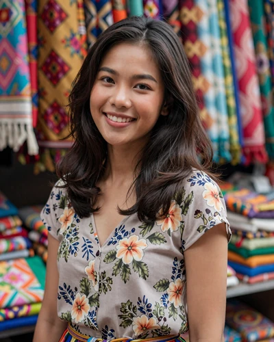 Supaporn, 25, Thai woman from Udon Thani smiling at a colorful Thai market