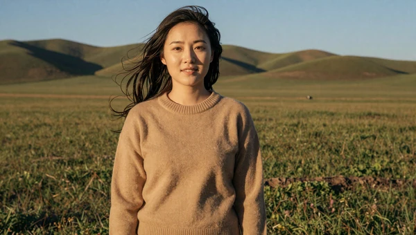 Mongolian woman on green steppe grasslands with rolling hills during golden hour