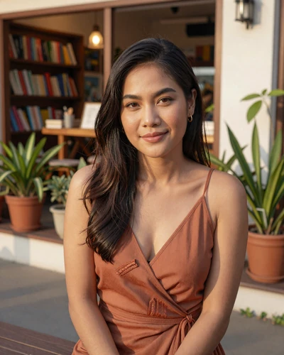 Araya, 30, Thai woman from Nakhon Ratchasima with a confident smile outside a charming bookshop